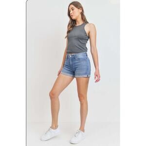 Just Black Shorts Cuffed Short Denim‎ Mom Shirts Pockets Frayed Hem